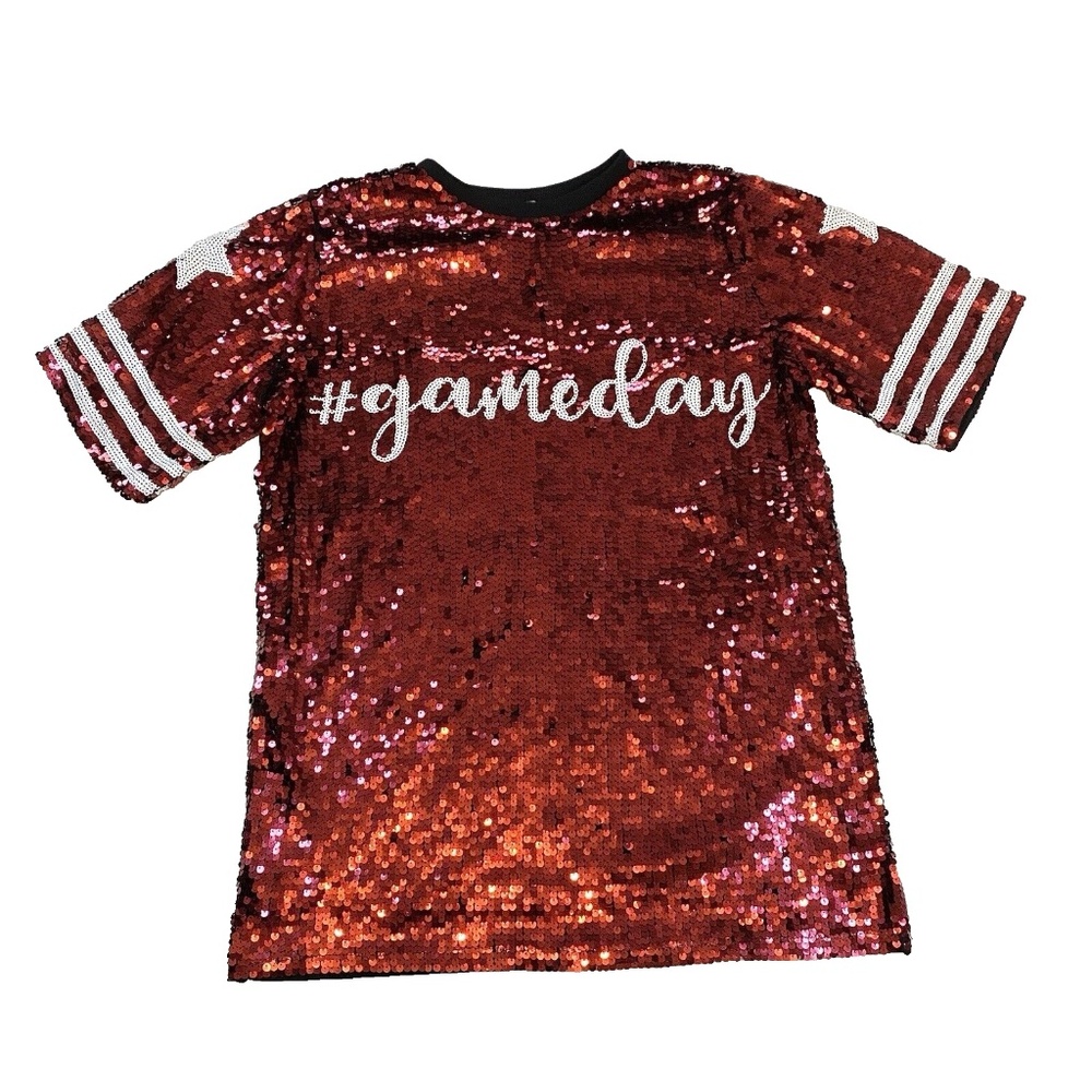Why Dress Women Game day Glam Sequin T-Shirt Mini Dress Size O/S Red & White NWT